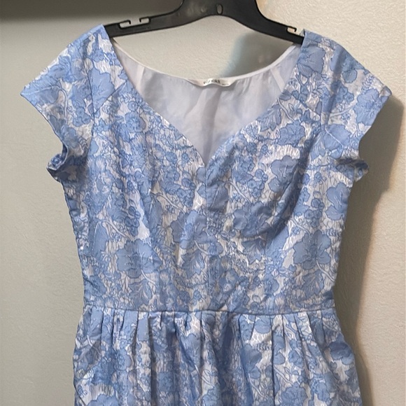 eShakti women's white silver & blue flower dress, Sz 10 pockets, jacquard, NWOT - Picture 2 of 12